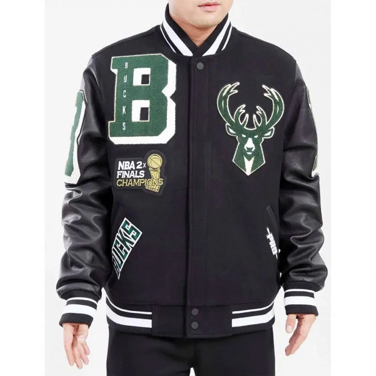Milwaukee Bucks Varsity Black Wool & Genuine Leather Sleeves Men's Letterman Jacket