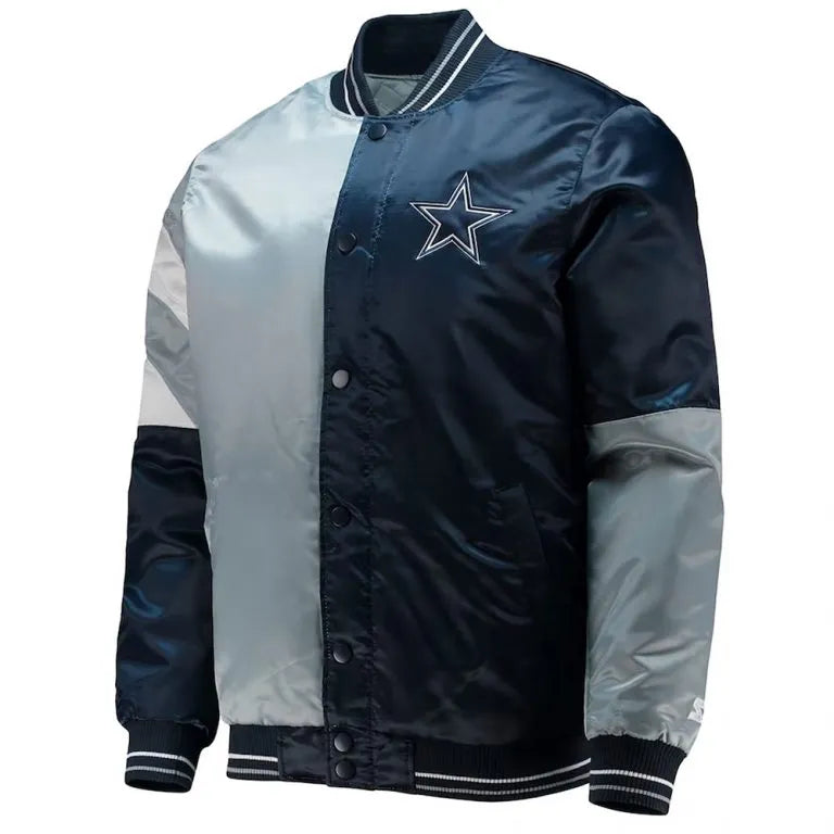 Dallas Cowboys The Leader Full-Snap Varsity Navy Blue & Gray Satin Men's Bomber Jacket