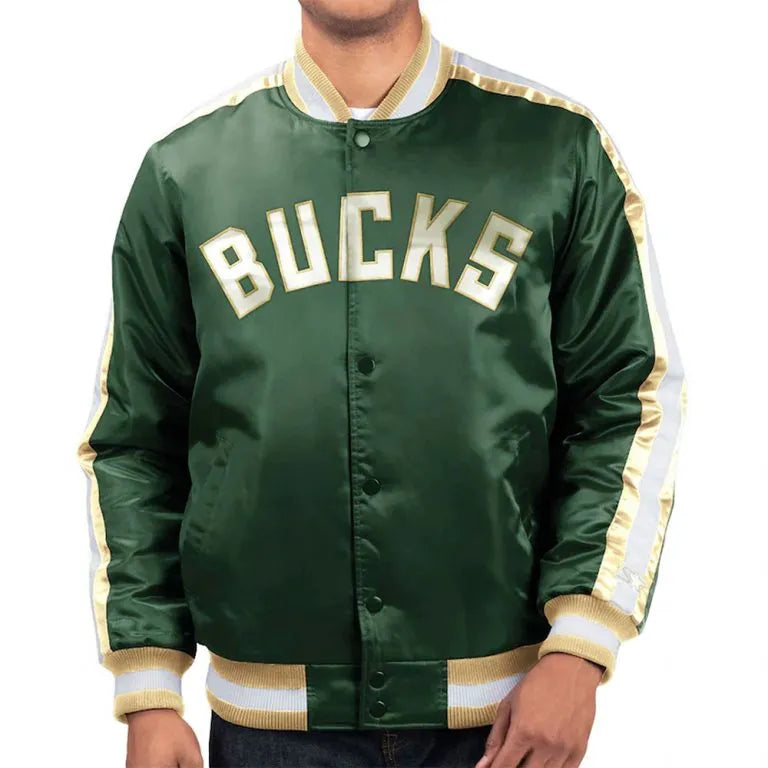Milwaukee Bucks The Offensive Full-Snap Varsity Green Satin Men's Bomber Jacket
