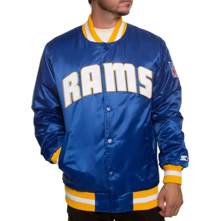 Los Angeles Rams Full-Snap Varsity Blue Satin Men's Bomber Jacket