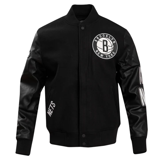Brooklyn Nets NBA Black Wool & Genuine Leather Sleeves Men's Varsity Letterman Jacket