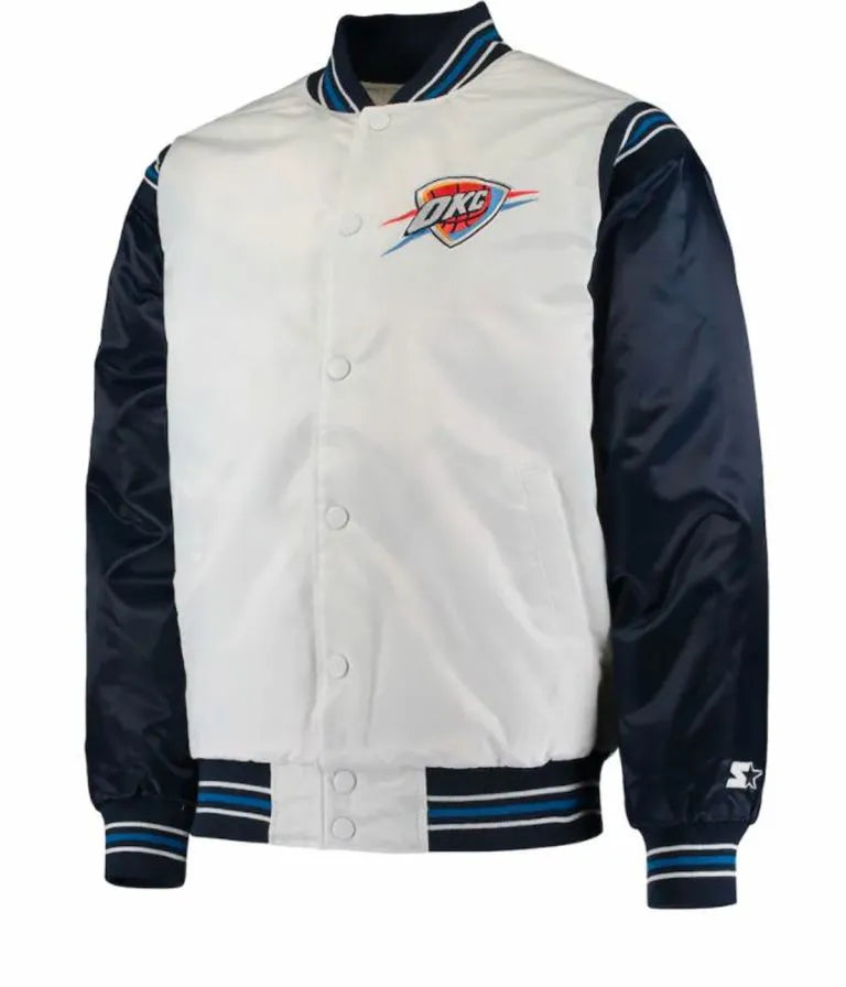 Oklahoma City Thunder Full-Snap Varsity White and Navy Blue Satin Men's Bomber Jacket