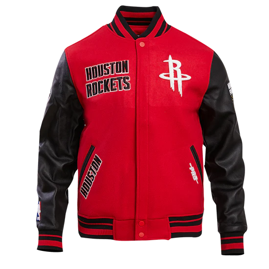 Houston Rockets Retro Classic Rib Varsity Red Wool & Black Genuine Leather Sleeves Men's Bomber Jacket