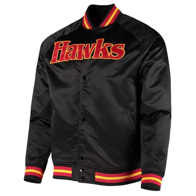 Atlanta Hawks Hardwood Classics Full-Snap Varsity Black Satin Men's Bomber Jacket