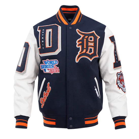Detroit Tigers Navy Blue Wool & White Leather Sleeves Varsity Men's Jacket