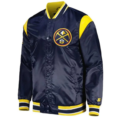 Denver Nuggets Force Play Full-Snap Varsity Navy Blue Satin Men's Bomber Jacket