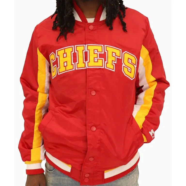 Kansas City Chiefs Full-Snap Varsity Red Satin Men's Bomber Jacket