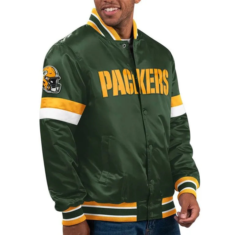 Green Bay Packers Home Game Full-Snap Varsity Green Satin Men's Bomber Jacket
