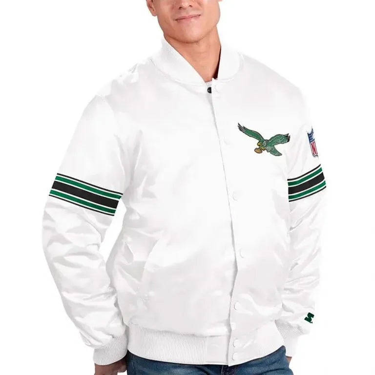 Philadelphia Eagles The Power Forward Full-Snap Varsity White Satin Men's Bomber Jacket