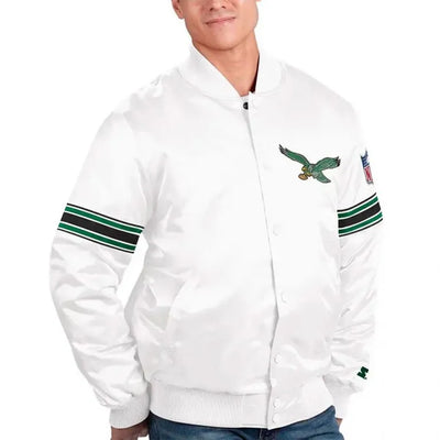 Philadelphia Eagles The Power Forward Full-Snap Varsity White Satin Men's Bomber Jacket