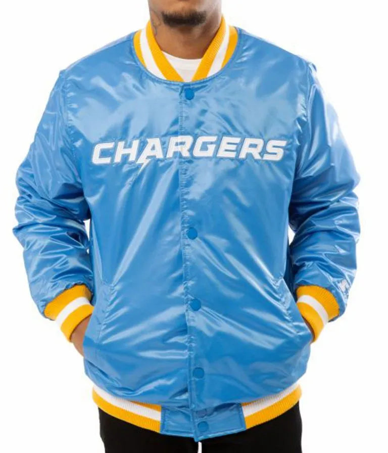 Los Angeles Chargers Full-Snap Varsity Light Blue Satin Men's Bomber Jacket