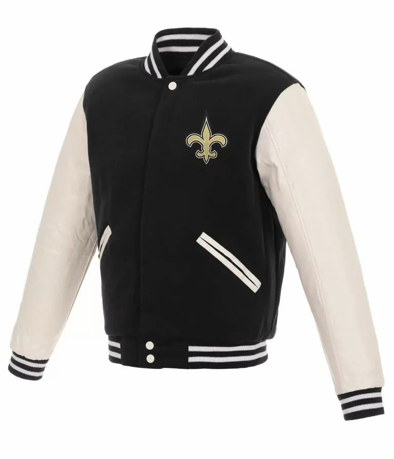 New Orleans Saints Logo Black Wool & White Genuine Leather Sleeves Men's Varsity Letterman Jacket