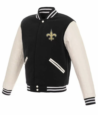 New Orleans Saints Logo Black Wool & White Genuine Leather Sleeves Men's Varsity Letterman Jacket