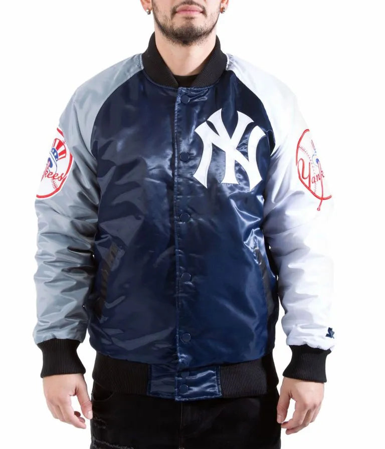 New York Yankees Tri-Color Satin Varsity Men's Bomber Jacket