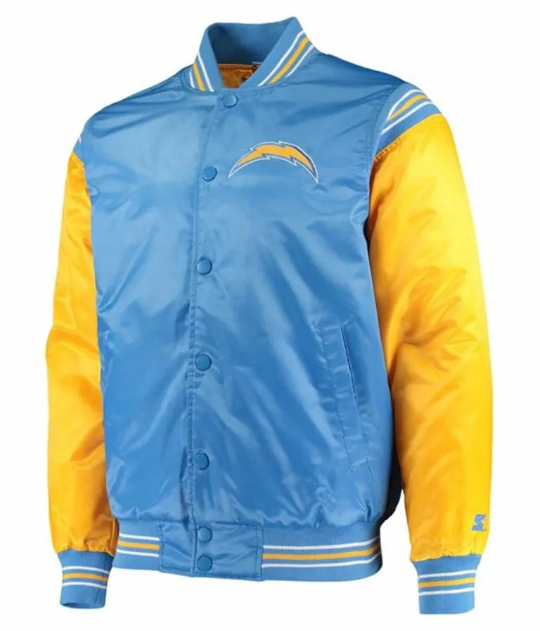 Los Angeles Chargers Enforcer Full-Snap Varsity Yellow and Light Blue Satin Men's Bomber Jacket