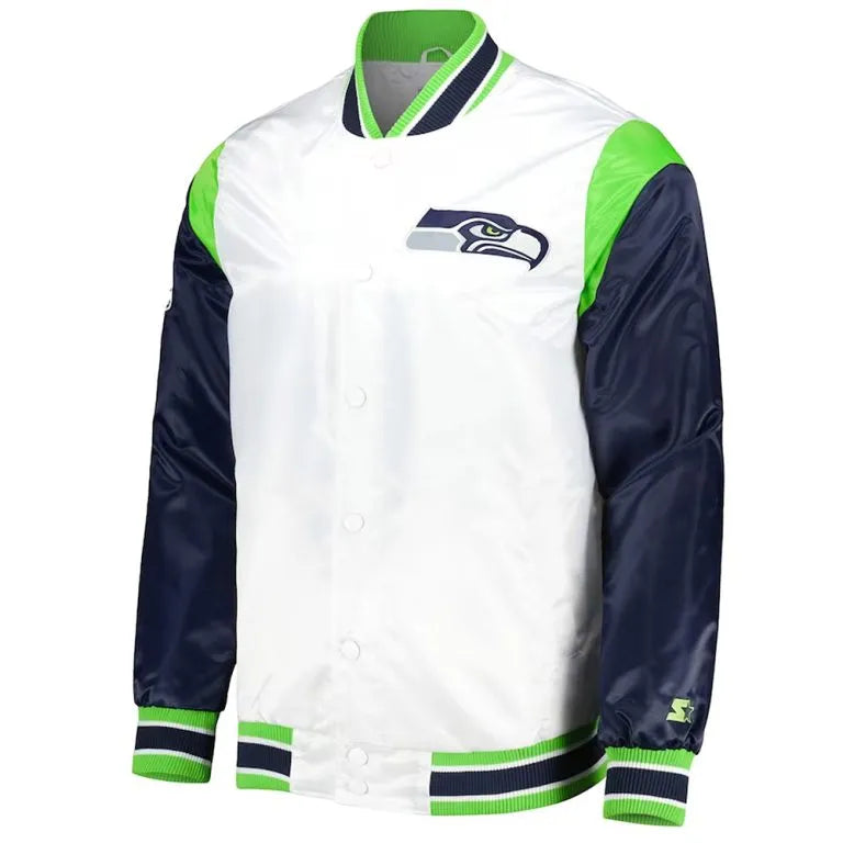 Seattle Seahawks Throwback Warm Up Pitch Full-Snap Varsity Navy Blue & White Satin Men's Bomber Jacket