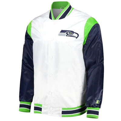 Seattle Seahawks Throwback Warm Up Pitch Full-Snap Varsity Navy Blue & White Satin Men's Bomber Jacket