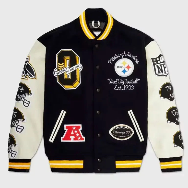 Pittsburgh Steelers Snoop Dogg OVO Black Wool & White Genuine Leather Sleeves Men's Varsity Letterman Jacket