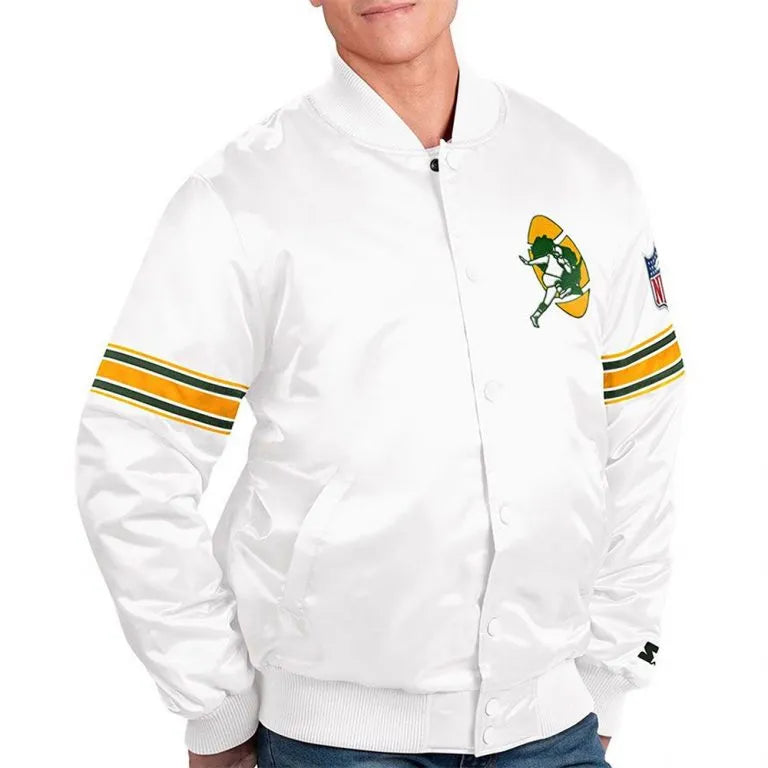 Green Bay Packers The Power Forward Full-Snap Varsity White Satin Men's Bomber Jacket