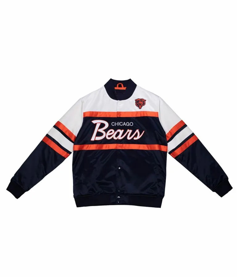 Chicago Bears Special Script Heavyweight Full-Snap Varsity Navy Blue and White Satin Men's Bomber Jacket