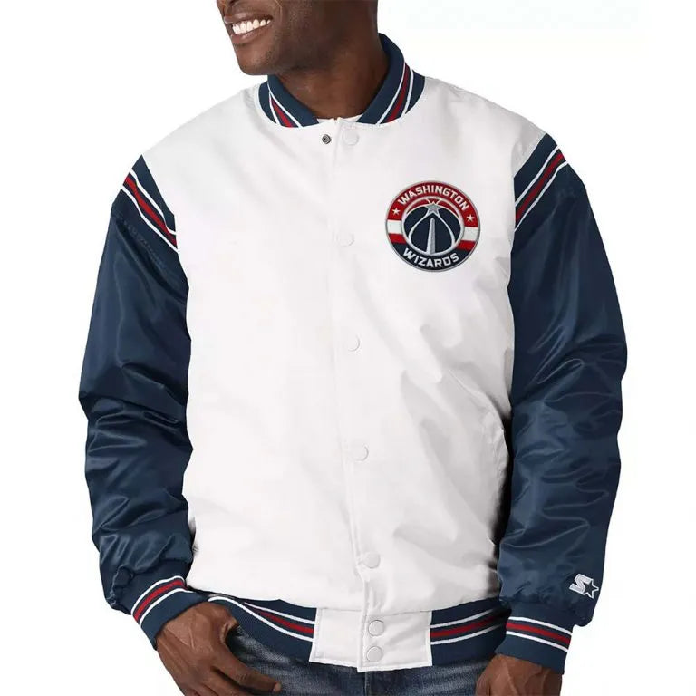 Washington Wizards Renegade Full-Snap Varsity White and Navy Blue Satin Men's Bomber Jacket