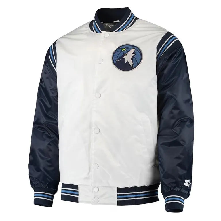 Minnesota Timberwolves Renegade Full-Snap Varsity White and Navy Blue Satin Men's Bomber Jacket