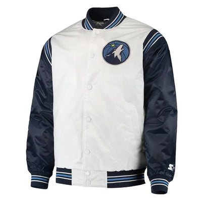 Minnesota Timberwolves Renegade Full-Snap Varsity White and Navy Blue Satin Men's Bomber Jacket