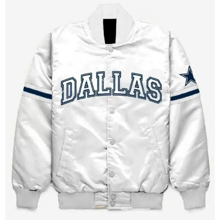 Dallas Cowboys Full-Snap Varsity Striped White Satin Men's Bomber Jacket