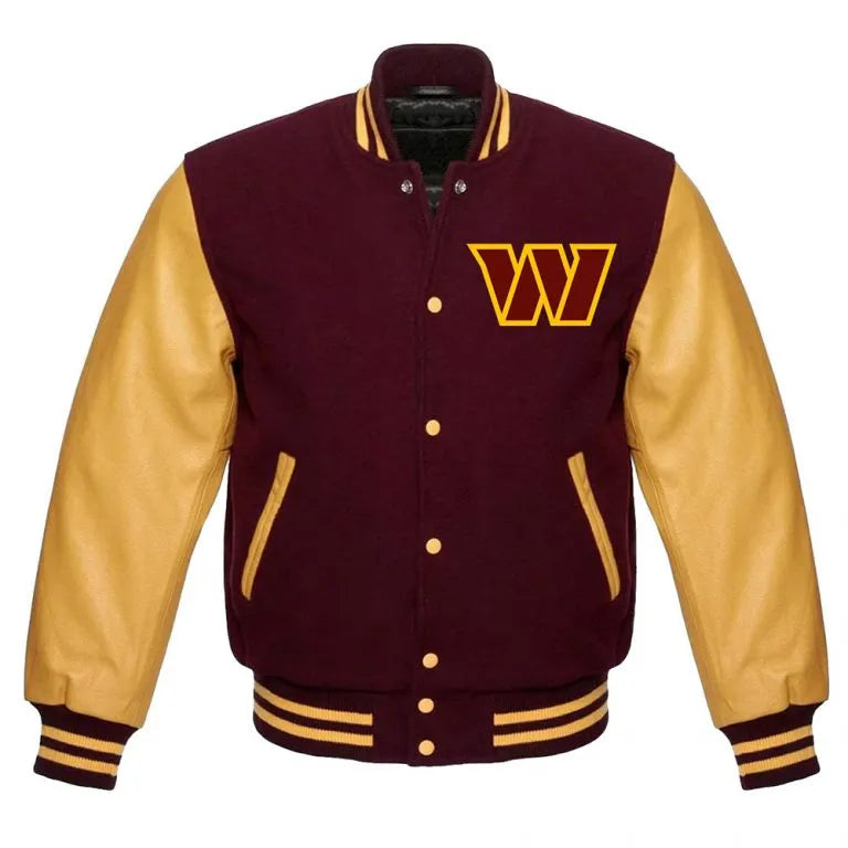 Washington Commanders Brown Wool & Yellow Genuine Leather Sleeves Men's Varsity Letterman Jacket