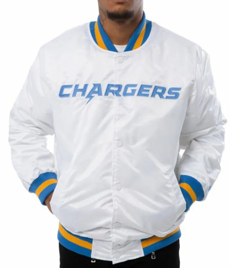 Los Angeles Chargers Full-Snap Varsity White Satin Men's Bomber Jacket