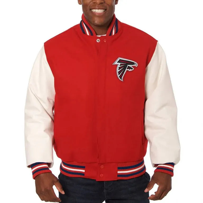 Atlanta Falcons Varsity Red Wool & White Genuine Leather Sleeves Men's Letterman Jacket