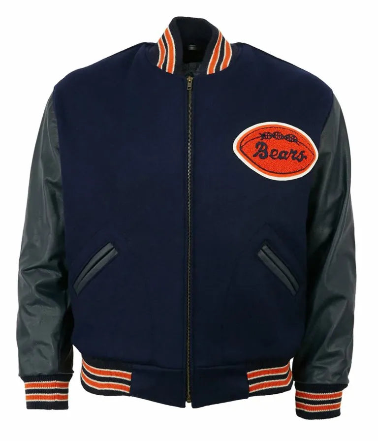 1958 Chicago Bears Navy Blue Wool &  Genuine Leather Sleeves Full-Snap Men's Varsity Jacket
