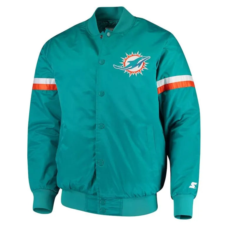Miami Dolphins Champ Full-Snap Varsity Aqua Satin Men's Bomber Jacket
