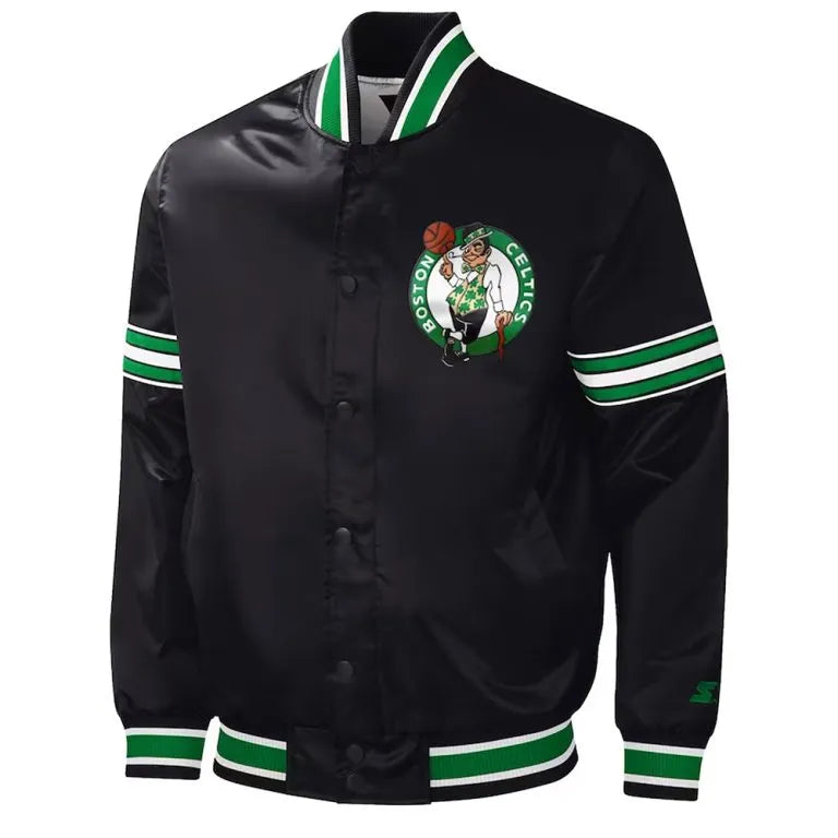 Boston Celtics Slider Full-Snap Varsity Black Satin Men's Bomber Jacket
