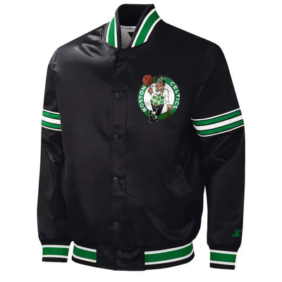 Boston Celtics Slider Full-Snap Varsity Black Satin Men's Bomber Jacket