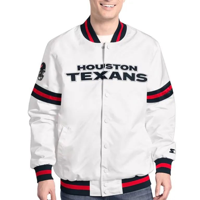 Houston Texan Scout Full-Snap Varsity White Satin Men's Bomber Jacket