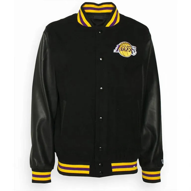 Los Angeles Lakers Training Team Logo Varsity Black Wool & Genuine Leather Sleeves Men's Bomber Jacket