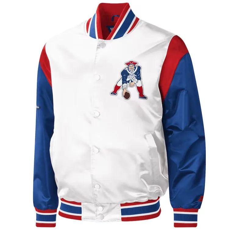 New England Patriots Throwback Warm Up Pitch Full-Snap Varsity White & Blue Satin Men's Bomber Jacket