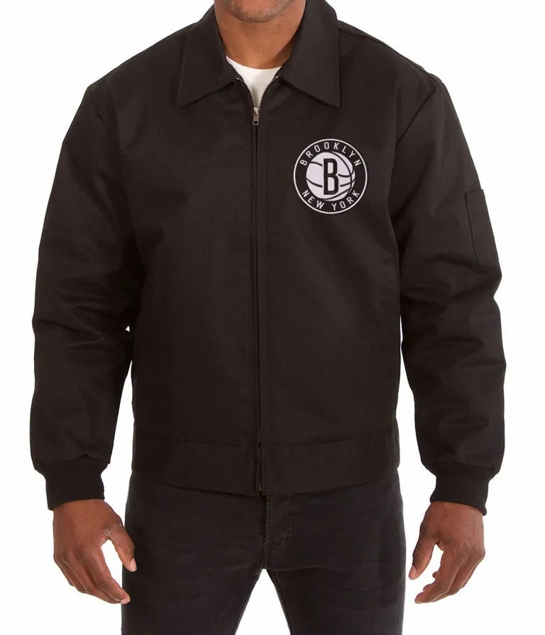 Brooklyn Nets Workwear Full-Snap Varsity Black Cotton Men's Bomber Jacket