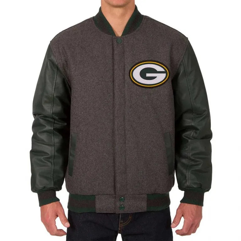 Green Bay Packers Charcoal Wool and Green Genuine Leather Sleeves Men's Varsity Letterman Jacket