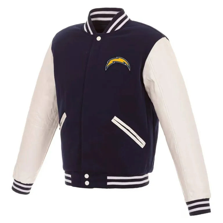 Los Angeles Chargers Navy Blue Wool and White Genuine Leather Sleeves Men's Varsity Letterman Jacket