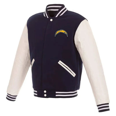 Los Angeles Chargers Navy Blue Wool and White Genuine Leather Sleeves Men's Varsity Letterman Jacket