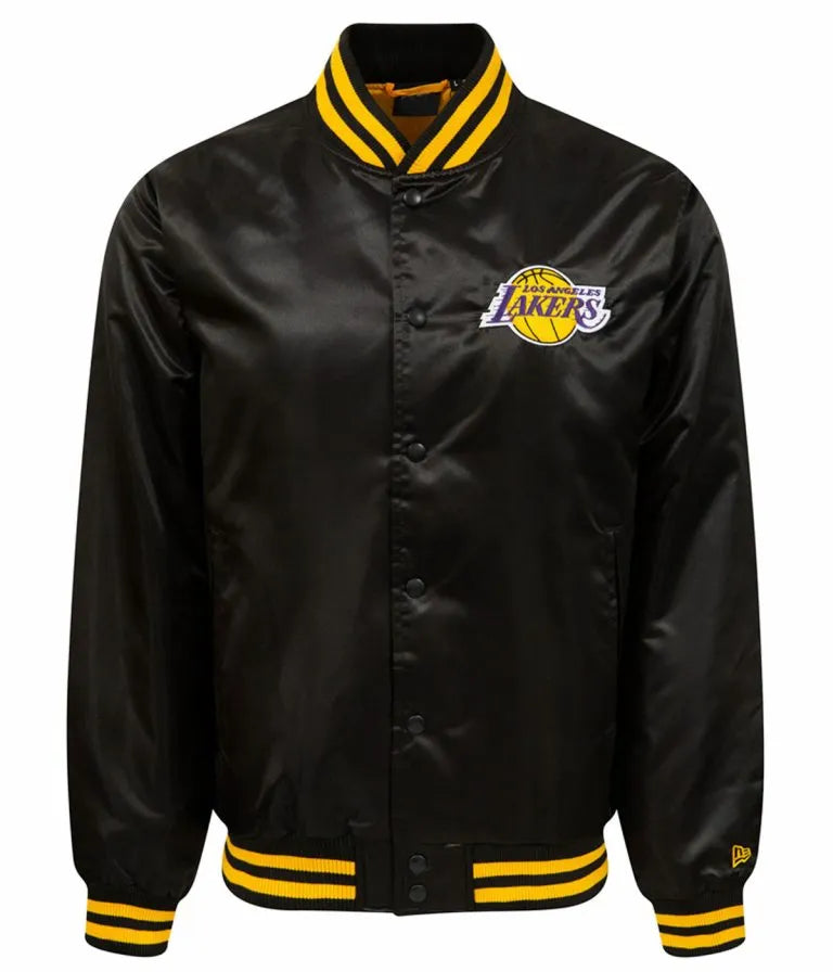 Los Angeles Lakers Wordmark Full-Snap Varsity Black Satin Men's Bomber Jacket