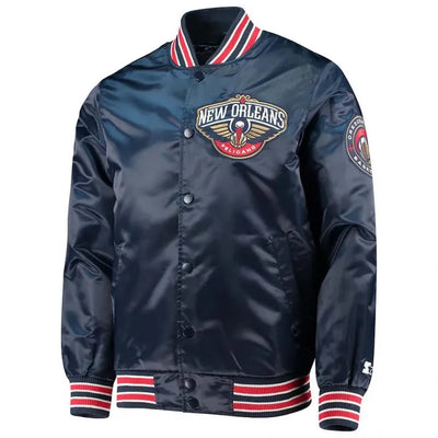 New Orleans Pelicans Diamond Classic Full-Snap Varsity Navy Blue Satin Men's Bomber Jacket