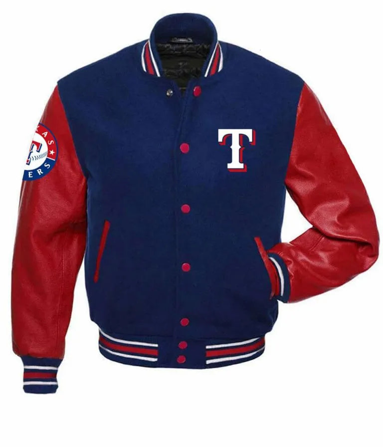 Texas Rangers Blue Wool & Red Leather Sleeves Varsity Men's Jacket