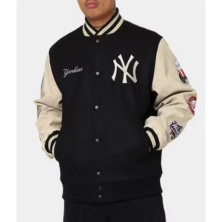 New York Yankees World Series Black Wool & Leather Full-Snap Varsity Jacket