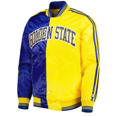 Golden State Warriors Fast Break Full-Snap Varsity Royal Blue/Yellow Satin Men's Bomber Jacket