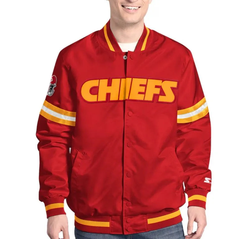 Kansas City Chiefs Scout Full-Snap Varsity Red Satin Men's Bomber Jacket