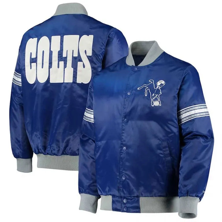 Indianapolis Colts Historic Logo Full-Snap Varsity Royal Blue Satin Men's Bomber Jacket
