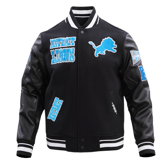Detroit Lions Black Wool & Genuine Leather Sleeves Men's Varsity Jacket
